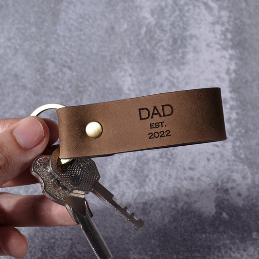 Personalized Dad EST Leather Keychain, New Dad Birthday Gift from Wife