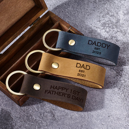 Personalized Dad EST Leather Keychain, New Dad Birthday Gift from Wife